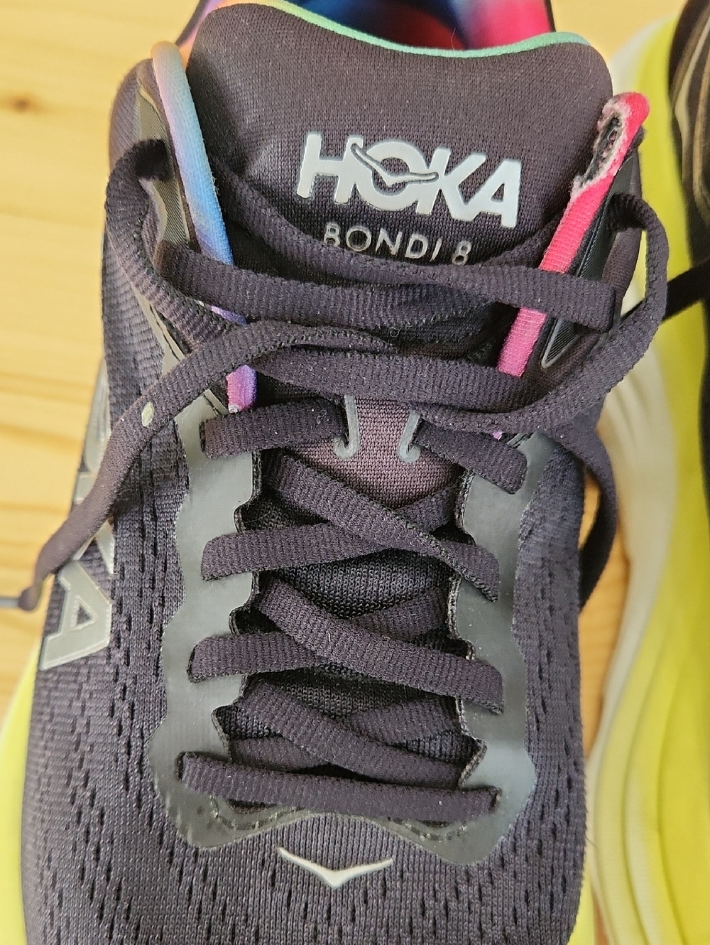 Hoka One One Bondi 8 Size 9.5 Max Cushion Running Shoes Black Rainbow Trim - Picture 12 of 17